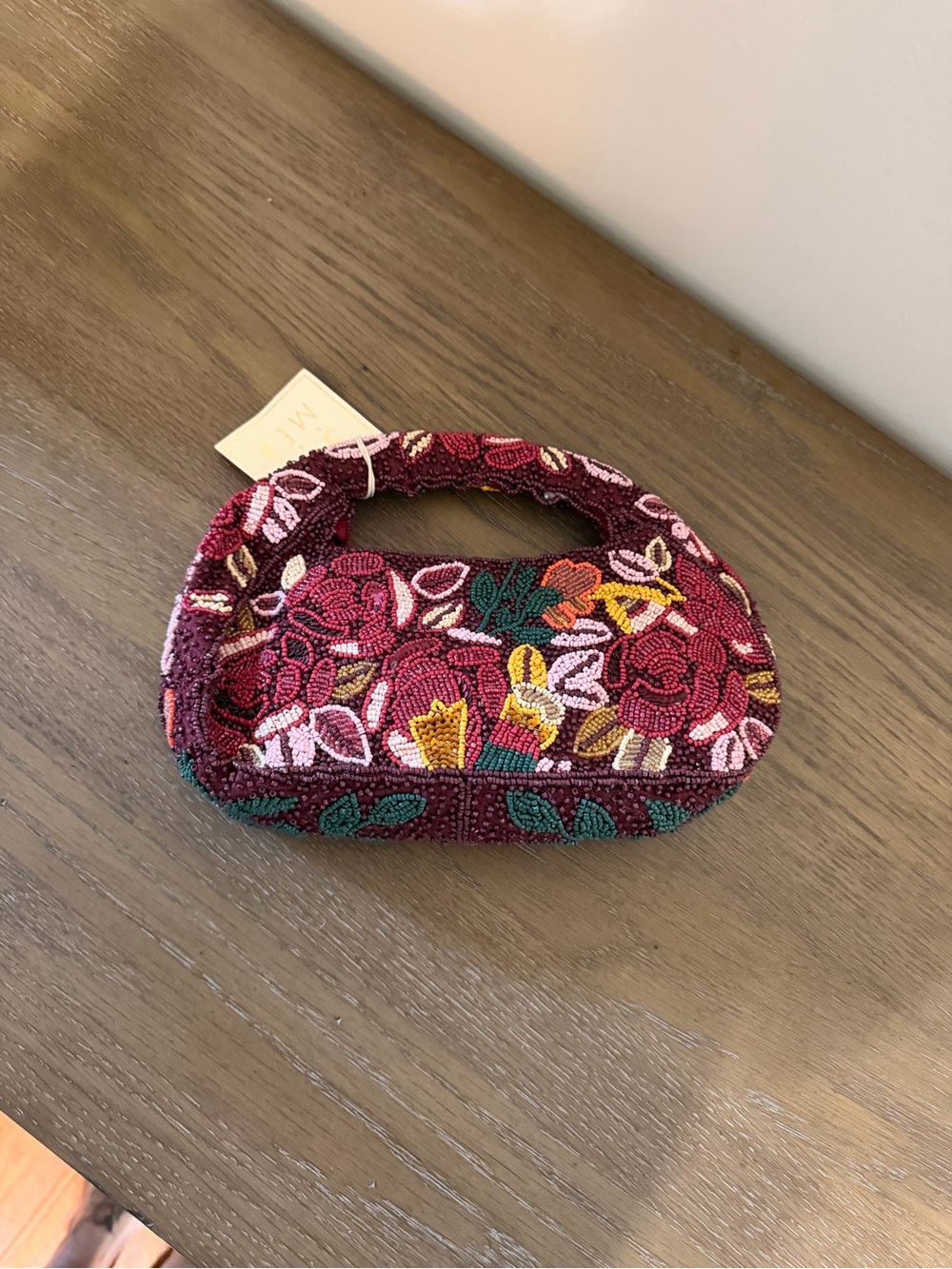 Fall Beaded Floral Oval Top-Handle Bag - Burgundy